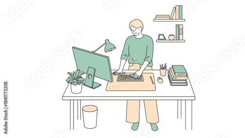 Illustration of a person working on a computer at a desk in a modern office setup