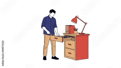 Illustration of a man in an office looking inside a drawer with lamp, pencils, and folders