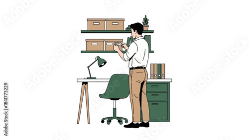 Illustration of a man organizing files and documents in a modern office setup indoors