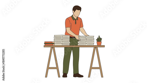 Illustration of a man organizing stacks of papers on a wooden table vector design