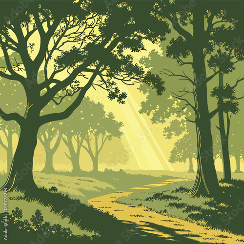 A serene forest landscape with a winding dirt path through trees and grassy areas under a bright sunny sky with rays of light