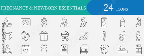 Pregnancy and newborn essentials icon set featuring ultrasound, baby care, maternity, antenatal checkup, motherhood, and clinic needs for health and parenting apps