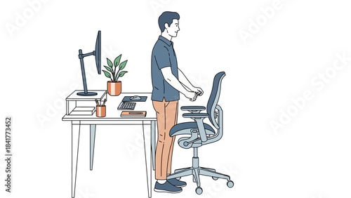 Illustration of a Man Standing, Working at a Desk, Embracing Workspace Flexibility