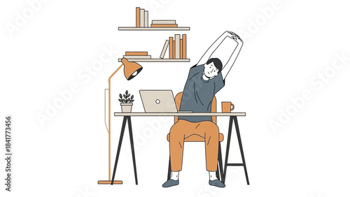 Illustration of a man stretching at his desk a study of an everyday office activity