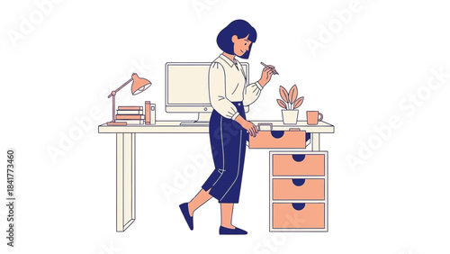 Illustration of a woman at her desk organizing her workspace with a drawer and pen