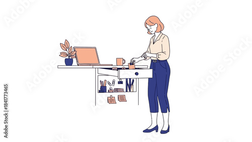 Illustration of a woman at her desk organizing items and working on a laptop computer