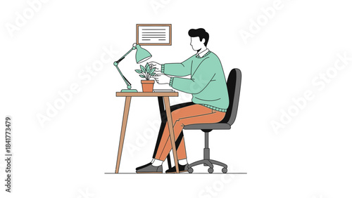 Illustration of a man tending to a potted plant at his desk with a lamp, minimalist design