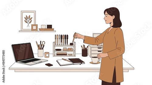 Illustration of a woman at her desk with laptop, notebooks, and pens, working or studying
