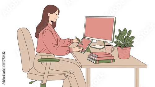 Illustration of a woman at her desk working on a tablet with a computer and plant
