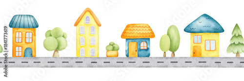 Cute road with houses and trees. Isolated hand drawn watercolor seamless border of urban landscape. Children banner of city street road, nursery decor, kids goods, textile, stationery