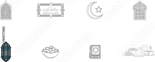 Various Ramadan themed including lanterns stars and a cannon with fireworks