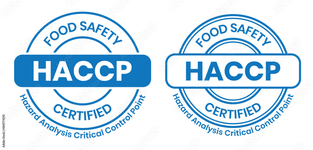 Obraz premium HACCP Hazard Analysis Critical Control Points, Food Safety system, logo, badge, icon, sticker, label, emblem, stamp, symbol, green, golden, flat vector, isolated illustration. HACCP Certified.