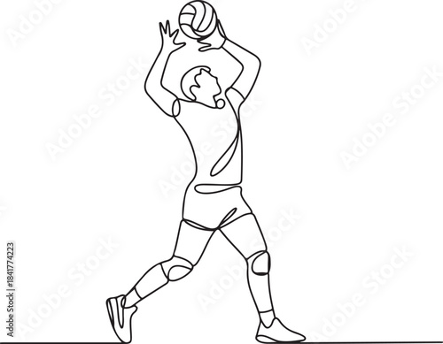 Continuous line illustration of a volleyball player stepping into a serve position with elegant minimal artistic outline drawing