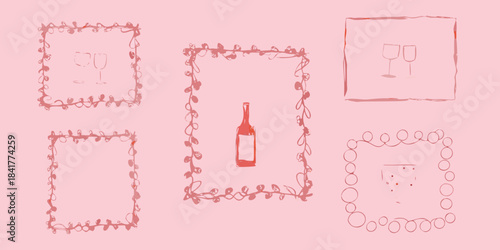 Pink sketches of ornate frames a bottle and abstract designs on a pink background