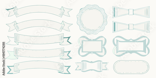 Collection of decorative ribbons frames and bow ties in light blue hues