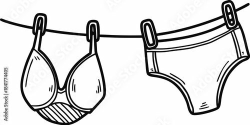 Black and white line art of lingerie hanging on a clothesline
