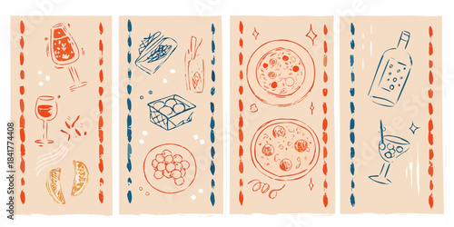 Stylized illustration of italian food and drink items on a patterned background