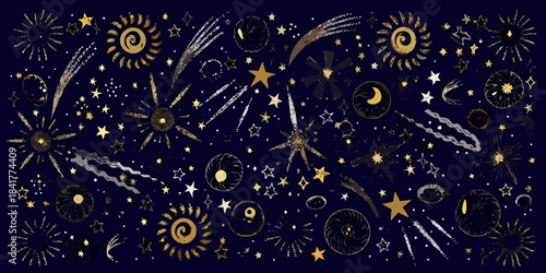 An artistic depiction of a dark night sky filled with golden fireworks and stars