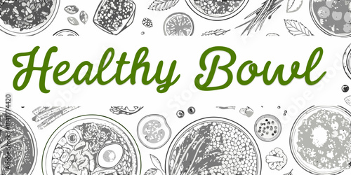 A decorative pattern showcasing various healthy bowls filled with fresh ingredients