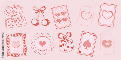 A collection of pink sketches featuring dice cards cherries and heart shapes