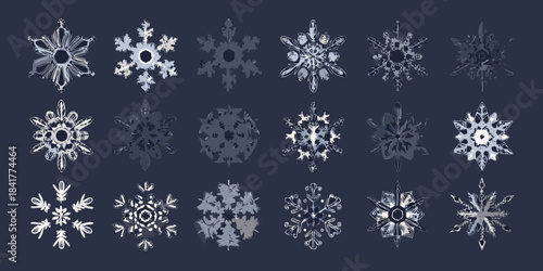 A collection of detailed snowflake illustrations in varying shades of blue and gray