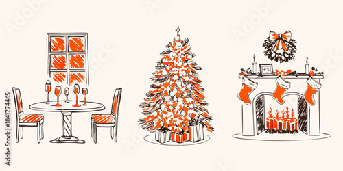 A cozy christmas scene with a decorated tree fireplace and dining table