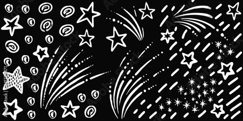 A whimsical black and white illustration of stars sparkles and celebratory bursts
