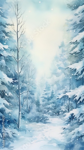 Winter Forest Realistic Watercolor Illustration. Snowy Trees Art Background. card or Invitation Page Print  Design. 