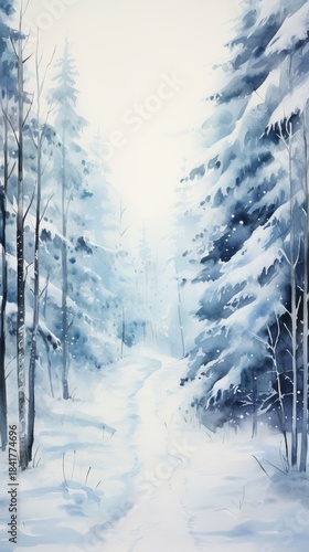 Winter Forest Realistic Watercolor Illustration. Snowy Trees Art Background. card or Invitation Page Print  Design. 
