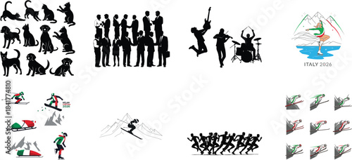 Silhouettes of cats people musicians and winter sports activities in