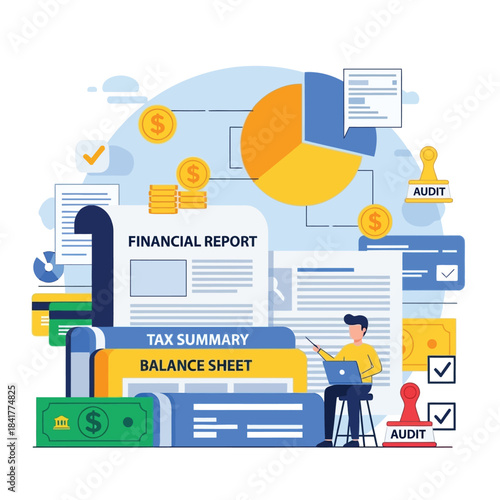 A person working on a laptop surrounded by financial documents labeled “TAX SUMMARY,” “BALANCE SHEET,” and “FINANCIAL REPORT,” with coins, currency, and audit stamps symbolizing financial management 