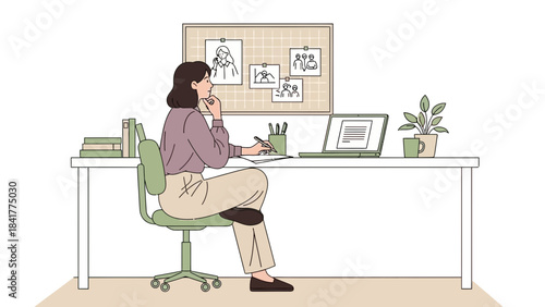 Illustration of a woman working at a desk, contemplating and taking notes or writing