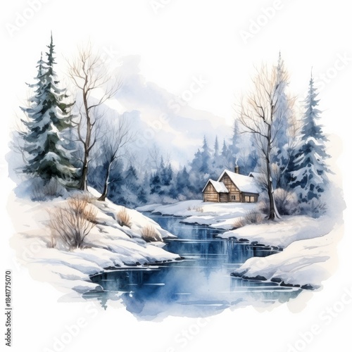 Winter Forest Realistic Watercolor Illustration. Snowy Trees Art Background. card or Invitation Page Print  Design. 