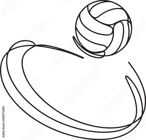 Continuous line illustration of a volleyball rotating in a curved path with elegant minimal artistic outline drawing