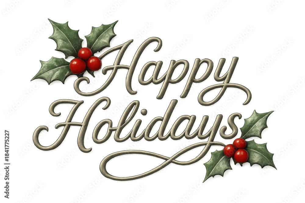 Fototapeta premium Happy holidays text greeting, festive calligraphy lettering with holly leaves and red berries for season's message