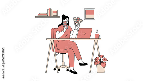 Illustration of a woman working on a laptop and choosing color palettes at desk