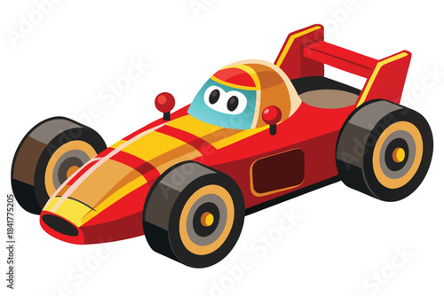 Cartoon red race car with big eyes and colorful helmet sits idle