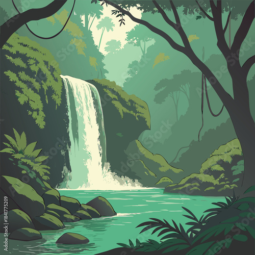 A serene waterfall cascades into a tranquil pool surrounded by lush greenery and dense foliage in a vibrant jungle environment with natural beauty