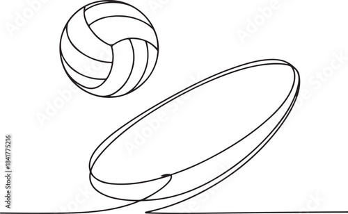 Continuous line illustration of a volleyball rotating in a curved path with elegant minimal artistic outline drawing