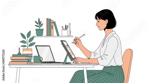 Illustration of a woman working on a tablet with her work desk and accessories