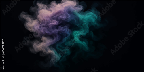Smooth purple and blue smoke waves flow in a swirling motion against a dark black background, creating a mysterious art pattern with elegant curves and a flowing fog texture