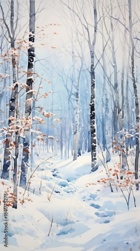 Winter Forest Realistic Watercolor Illustration. Snowy Trees Art Background. card or Invitation Page Print  Design. 
