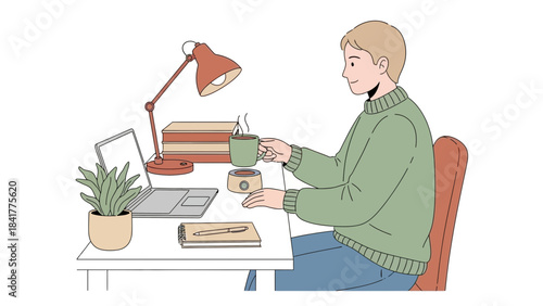 Man at desk drinking coffee while working on laptop and relaxing with a plant