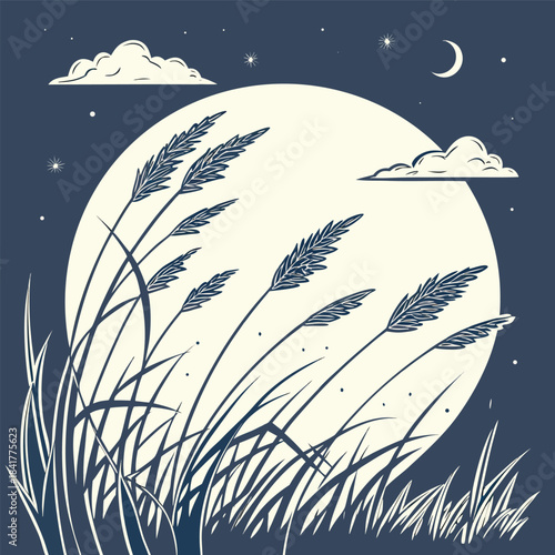 A serene nighttime scene with a large moon and wheat stalks under a starry sky with clouds and a crescent moon in the dark blue background