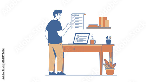 Man Checking Tasks on a List and Laptop Depicting Productivity and Organization