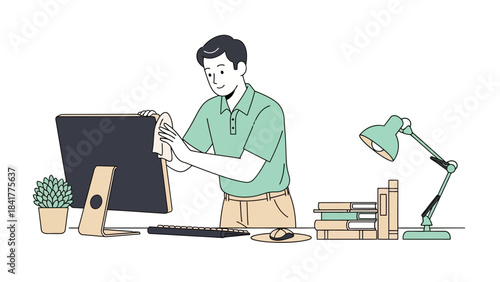 Man cleaning a computer monitor in an office setting with a desk lamp in vector style