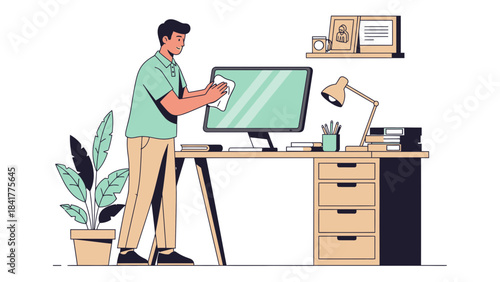 Man Cleaning Computer Monitor, Workspace Illustration in Flat Design Style