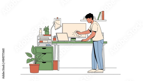 Man Cleaning Computer Screen Illustration Depicting Workplace Hygiene and Maintenance