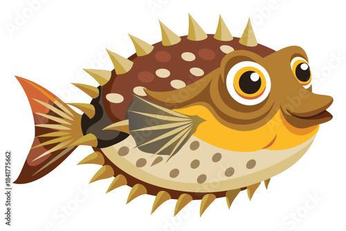 Cartoon pufferfish with brown spots and yellow spikes swims toward the viewer