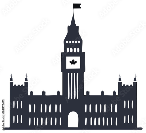 Iconic Canadian government building silhouette with maple leaf tower and flag symbol